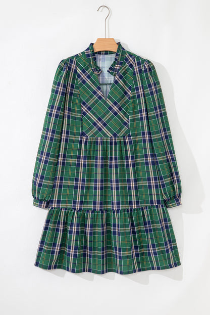 Green Plaid Print Frilly Collar Long Sleeve Shift Mini Dress