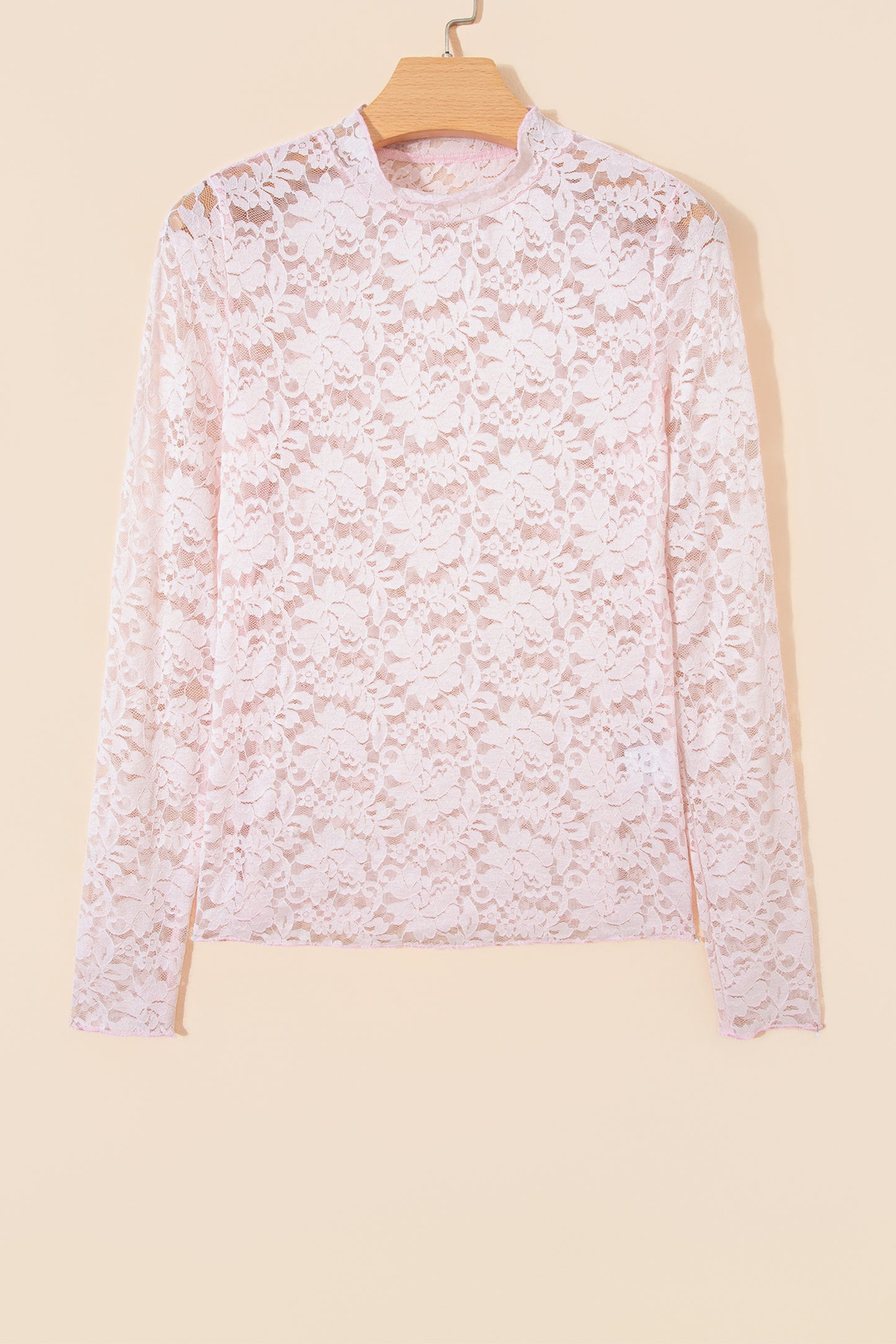 Light Pink Floral Lace Long Sleeve Stand Neck Pullover Top