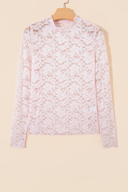 Light Pink Floral Lace Long Sleeve Stand Neck Pullover Top