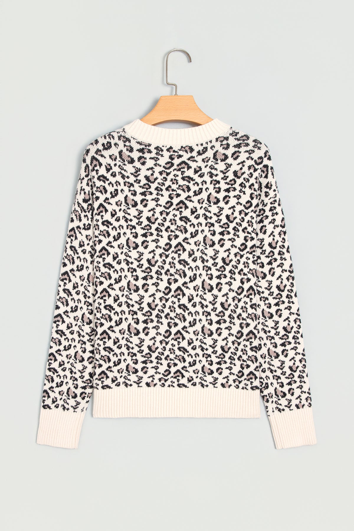 Beige Leopard Print Ribbed Color Block Trim Pullover Sweater
