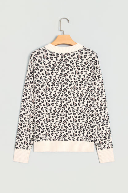 Beige Leopard Print Ribbed Color Block Trim Pullover Sweater