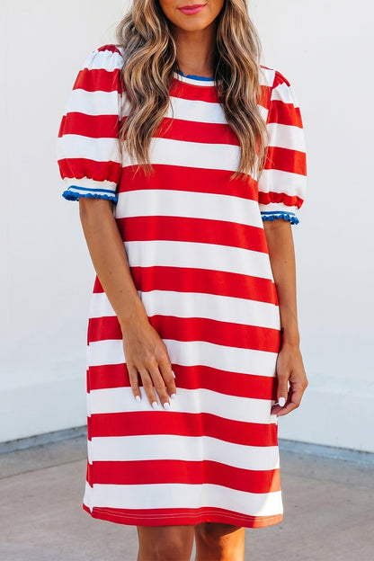 Blue Stripe Contrast Trim Round Neck Short Puff Sleeve Shift Mini Dress