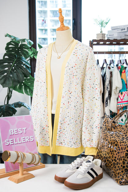 White Abstract Confetti Pattern Color Block Ribbed Cuffs Casual Cardigan