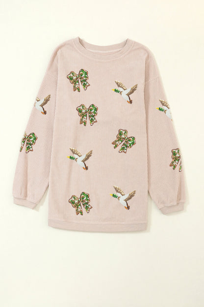 Apricot Twisted Rib Sequin Patched Mallard Bow Pattern Oversized Sweatshirt