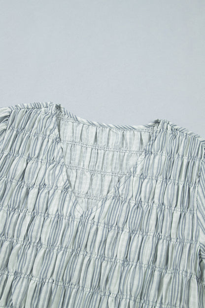 Blue Stripe V Neck Shirred Long Sleeve Blouse
