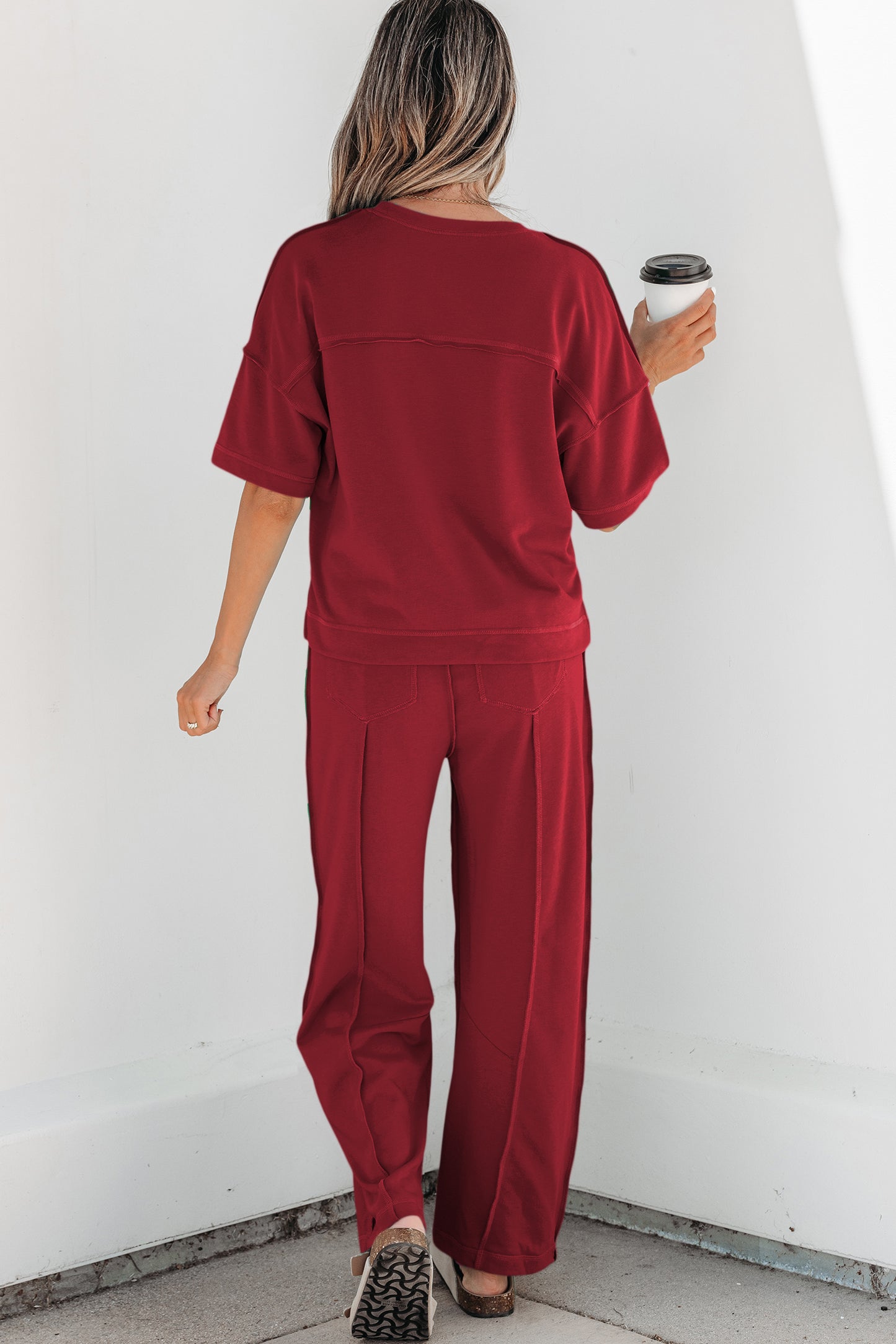 Rose Red Drop Shoulder Boxy Tee and Barrel Pants Set