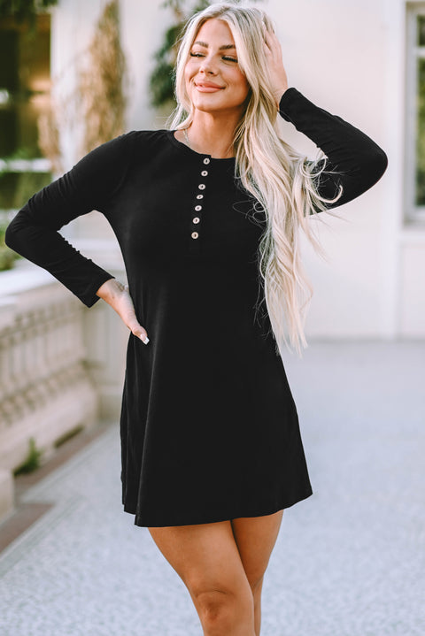 Black Solid Long Sleeve Henley Dress
