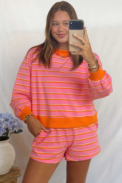 Rose Stripe Color Block Trim Long Sleeve Pullover Pocketed Shorts 2pcs Set