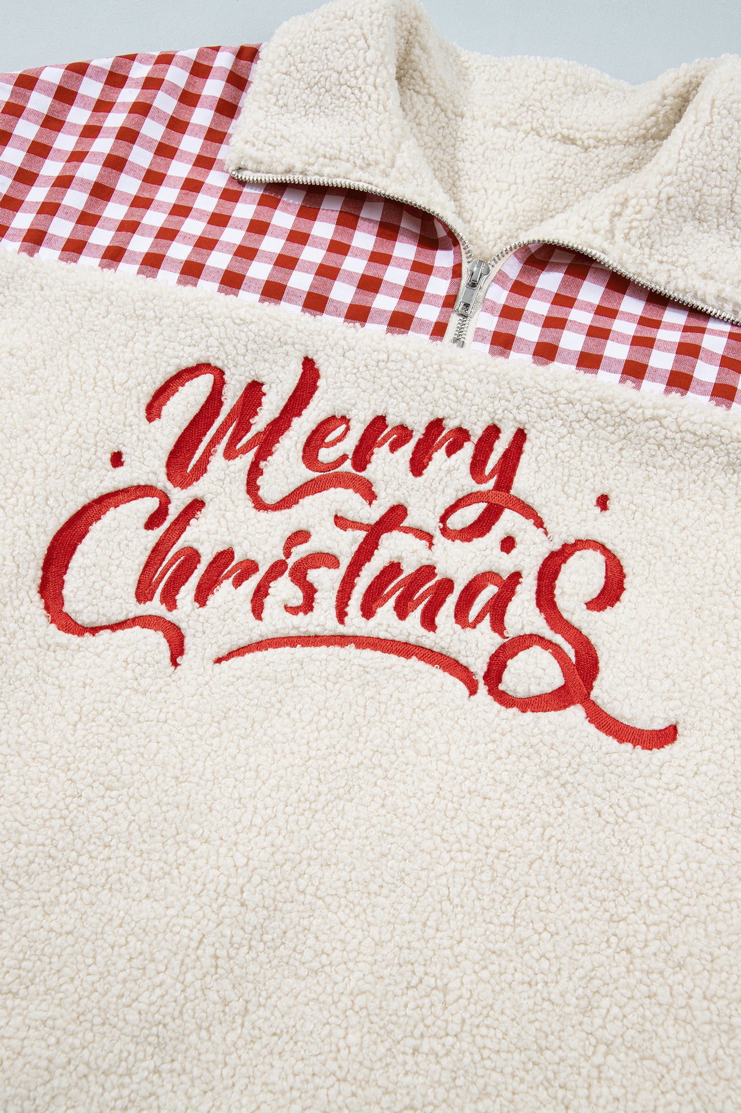 White Plush Plaid Patchwork Merry Christmas Baggy Sweatshirt