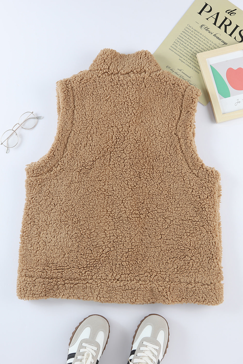 Green Snap Button Pocketed Sherpa Vest Jacket