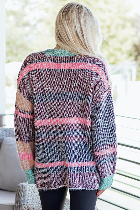Multicolour Color Block Striped Side Slit Open Front Cardigan