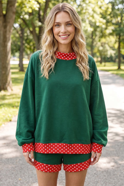Evergreen Polka Dot Trim Baggy Pullover 2pcs Short Set