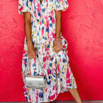 Rose Abstract Print Short Puff Sleeve Tiered Maxi Dress