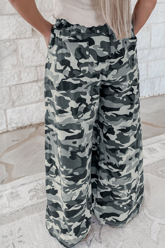 Green Camouflage Print Drawstring Casual Pants