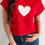 Fiery Red Valentine Heart Graphic Cropped Short Sleeve Sweater