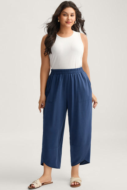 Black Plus Size Elastic Waist Asymmetrical Hem Loose Capris Pants