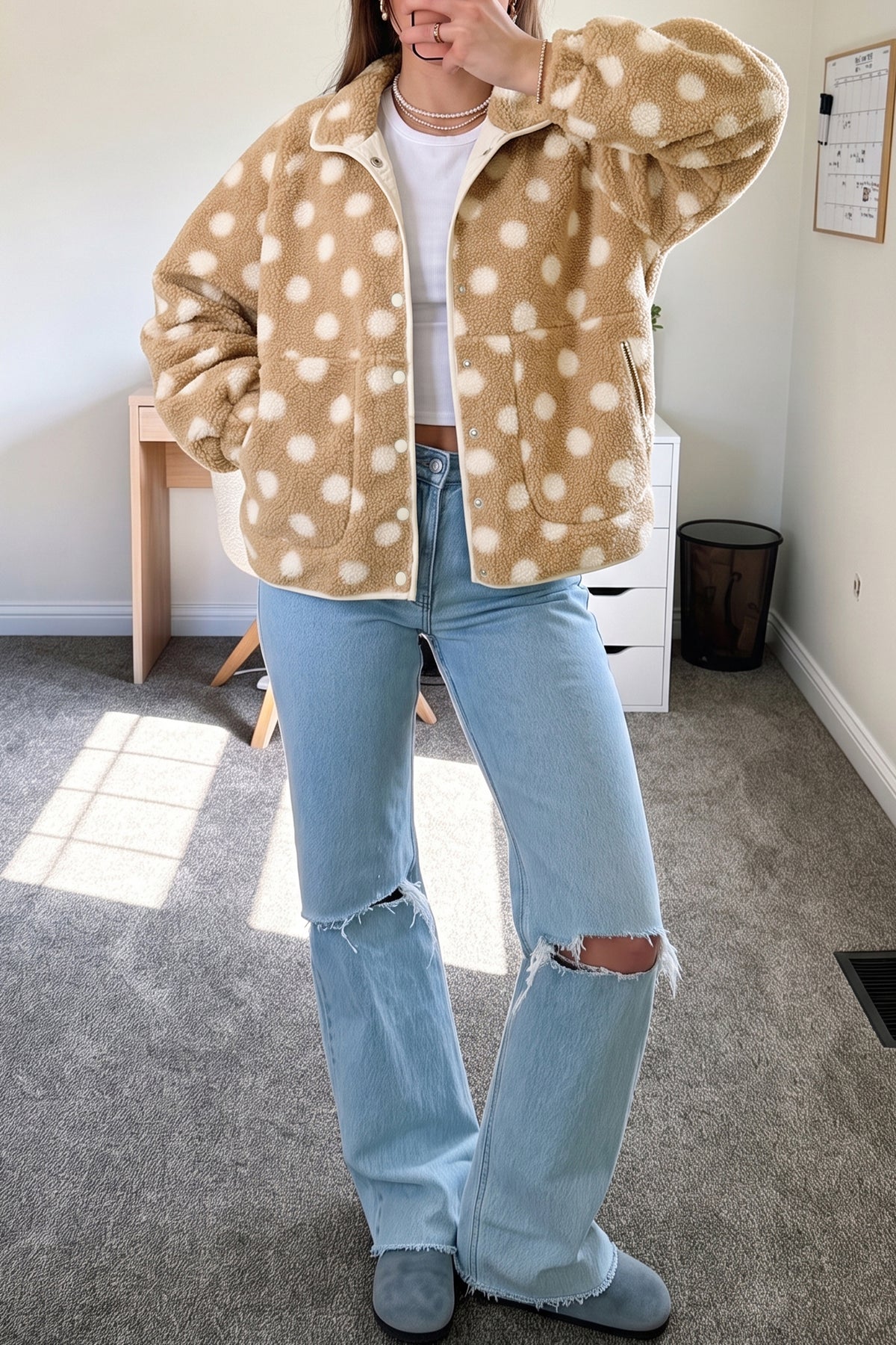 Khaki Polka Dot Faux Fur Metal Button Placket Shift Silhouette Jacket