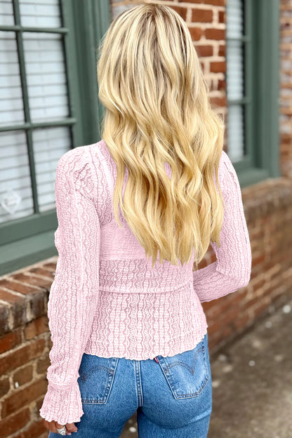 Light Pink Flounced Long Sleeve Mock Neck Sheer Lace Top