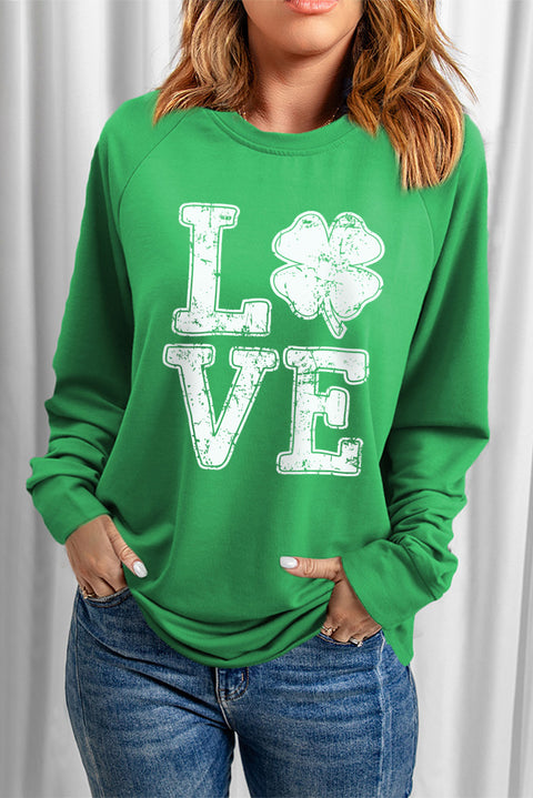 Green LOVE Clover Print Raglan Sleeve Pullover Sweatshirt
