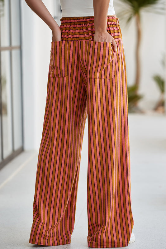 Red Stripe Button Pocket Tie Waist Casual Wide Leg Pants