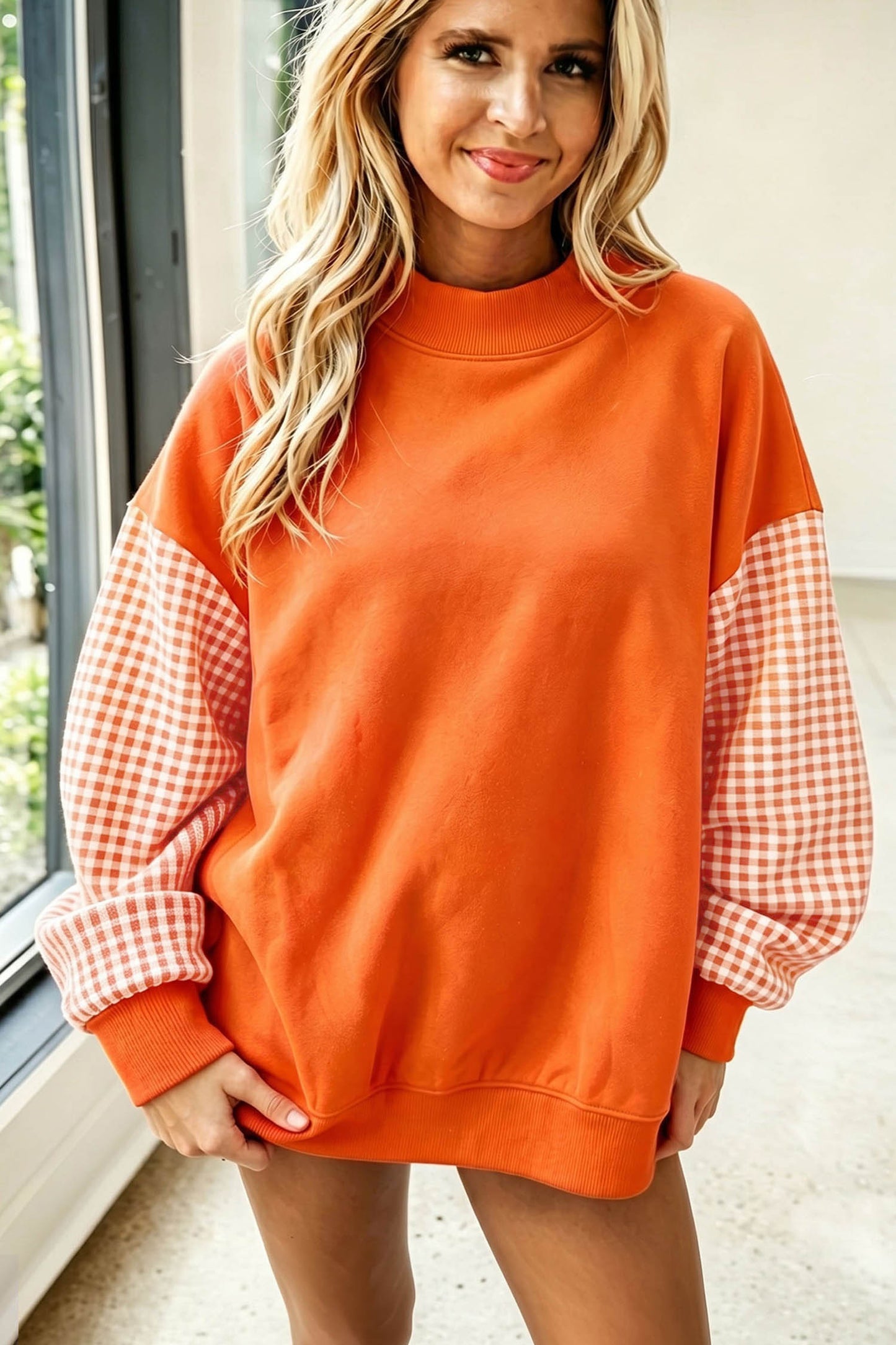 Russet Orange Plaid Sleeve Colorblock Loose Tunic Sweatshirt