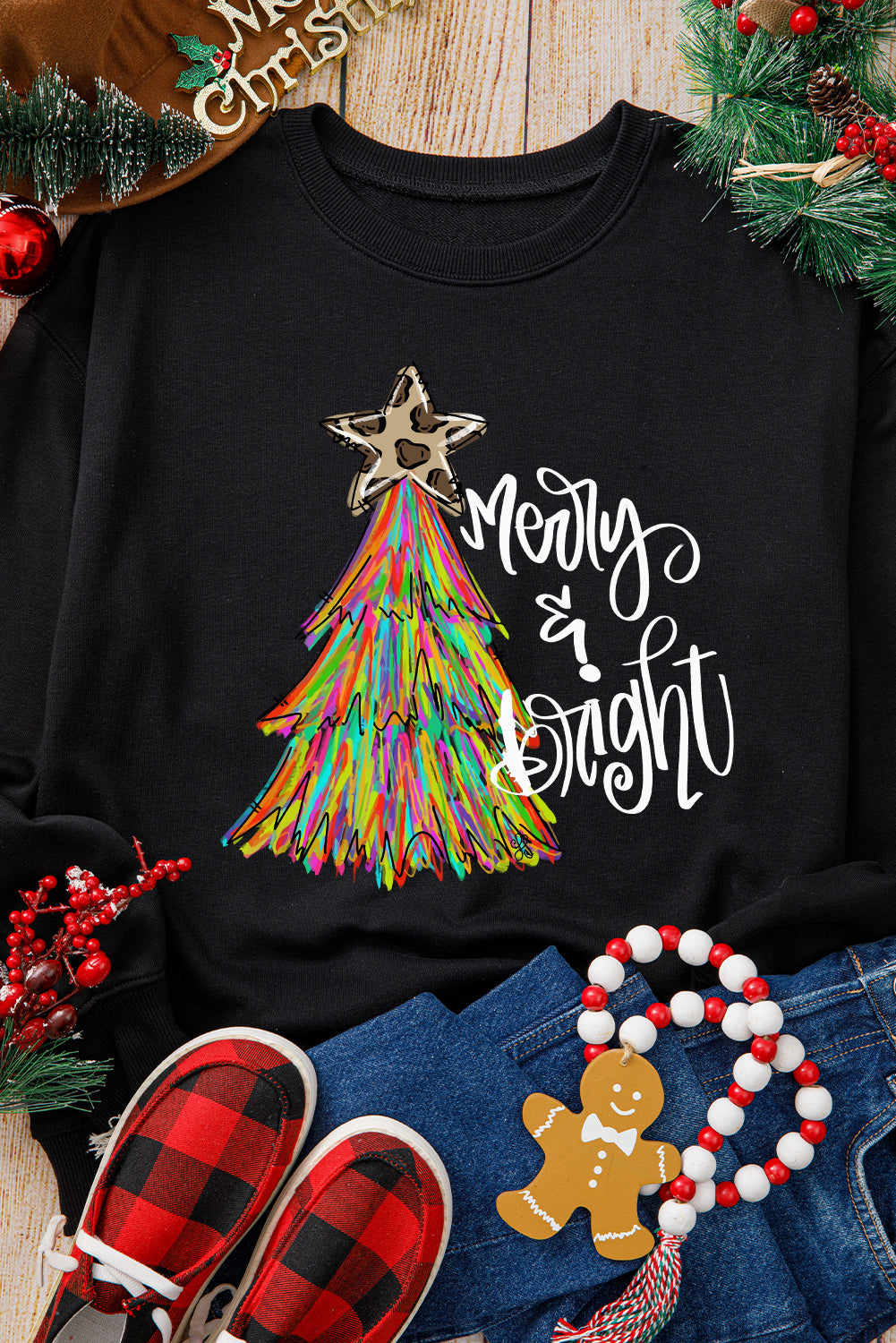 Black Merry & Bright Christmas Tree Graphic Sweatshirt