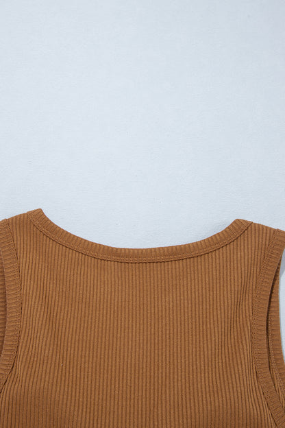 Coffee Ribbed Knit Sweet Lace Hem Vest