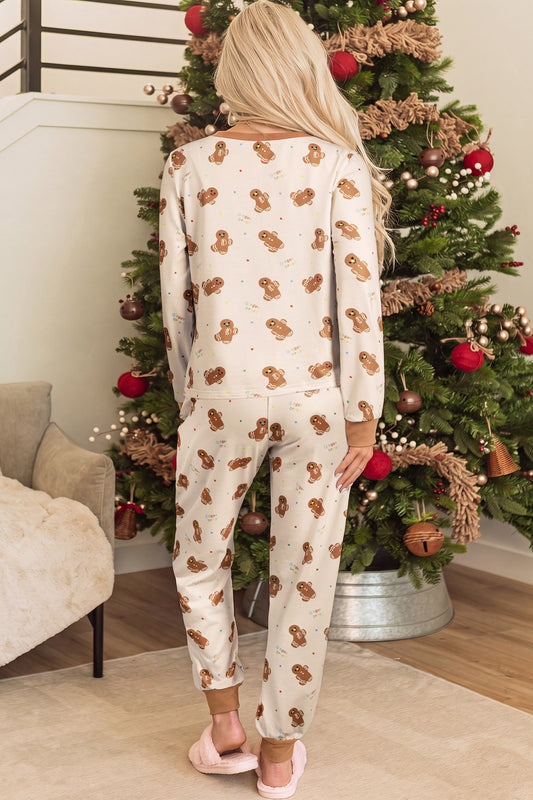 Khaki Abstract Gingerbread Print Colorblock Long Sleeve Two Piece Lounge Set