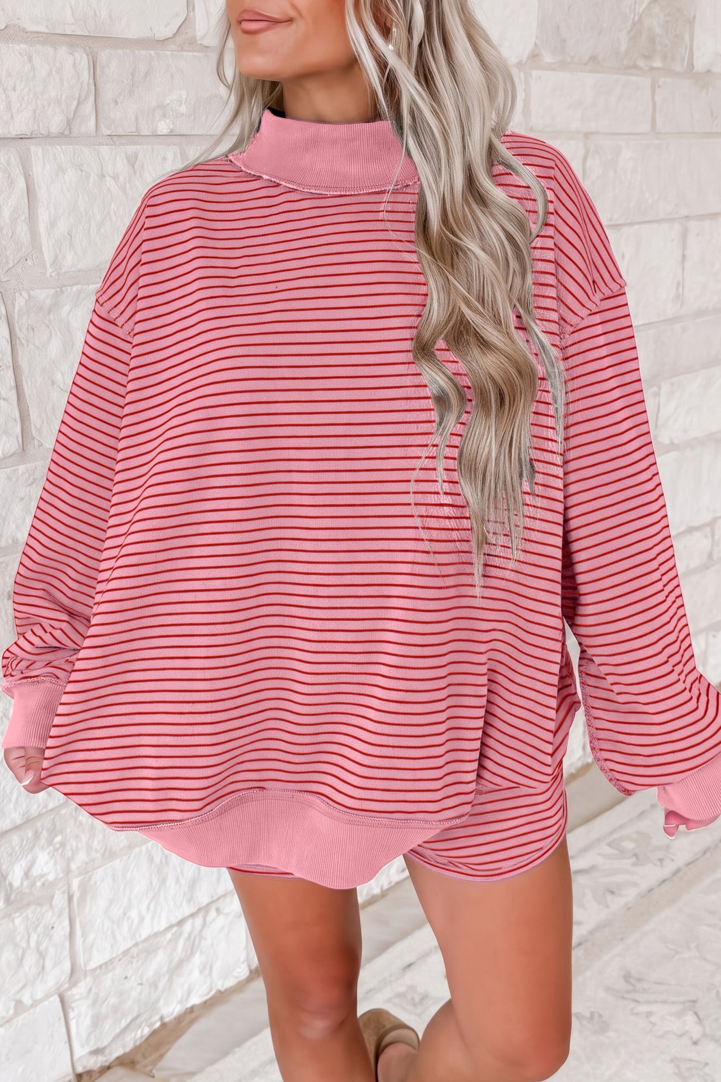 Pink Stripe Ribbed Patchwork Mock Neck Baggy Pullover Matching Shorts Set