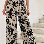 Khaki Floral Print Smocked High Waist Wide Leg Pants