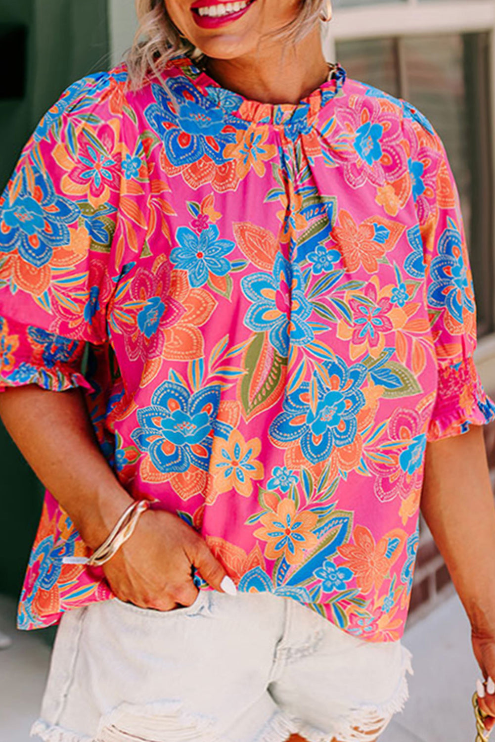 Chemisier à manches bouffantes et col à volants et imprimé floral Rose Plus