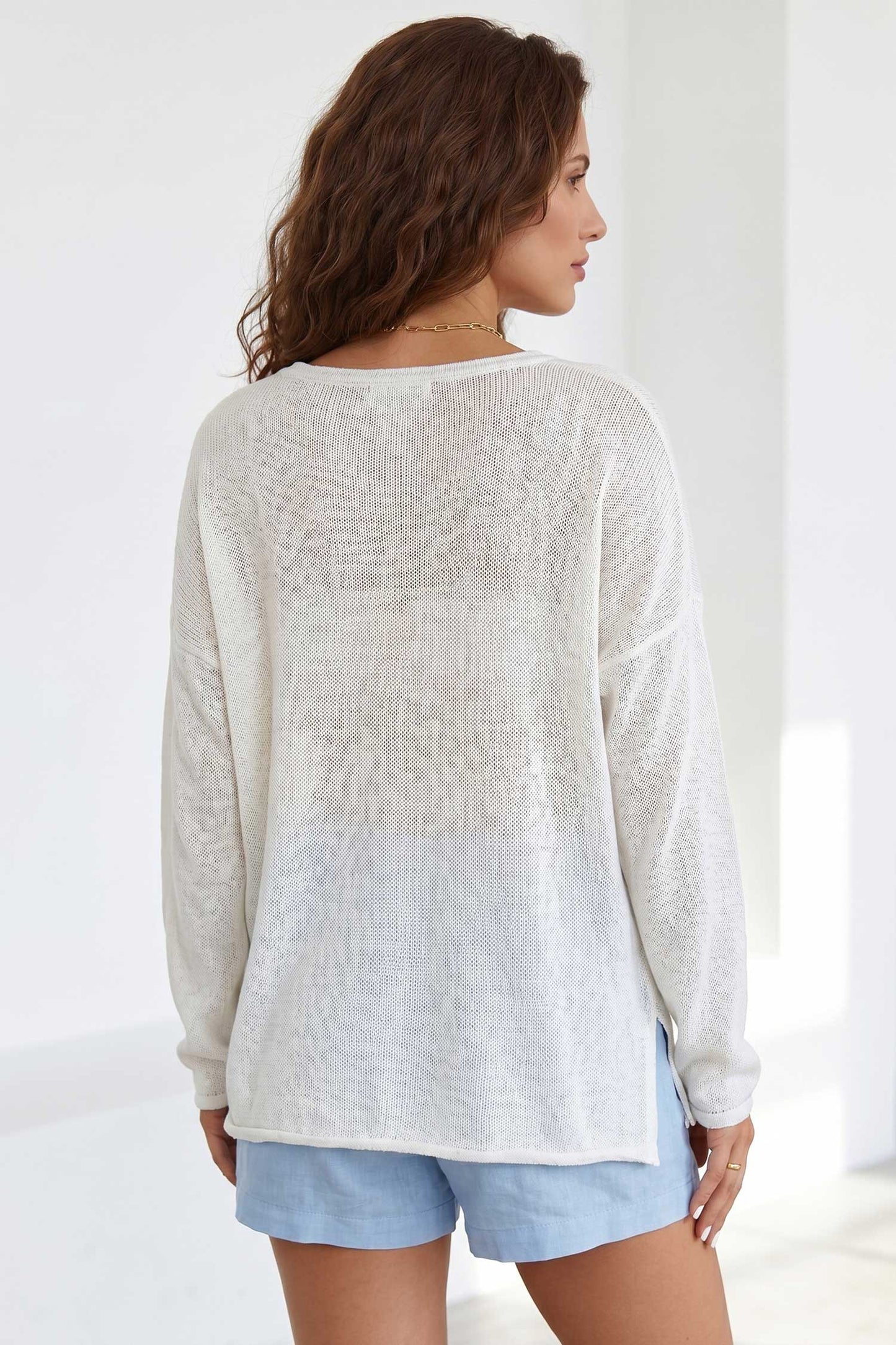 White V Neck Lightweight Knit BEACH SIDE Shift Tunic Sweater