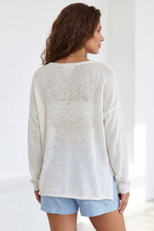 White V Neck Lightweight Knit BEACH SIDE Shift Tunic Sweater