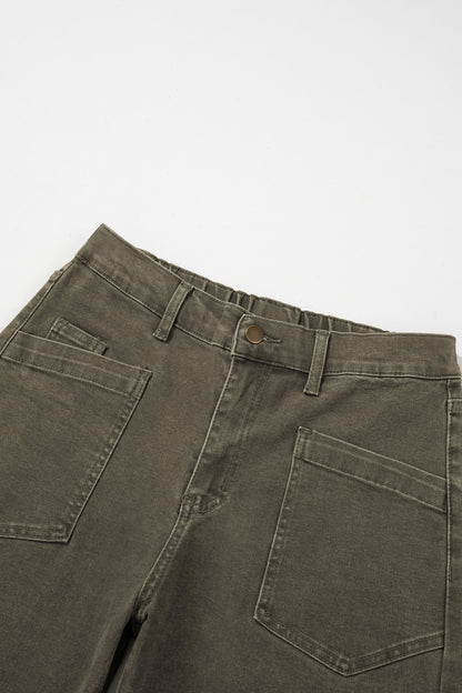 Coffee Solid Color Square Patch Pocket Ankle-length Barrel Jeans