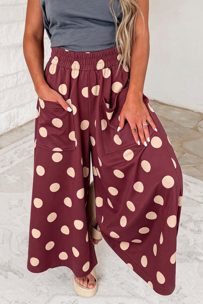 Burgundy Polka Dot Wide Leg Elastic Waist Casual Pants