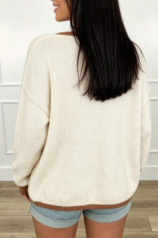 Apricot Contrast Trim V-Neck Tie Front Loose Sweater Cardigan
