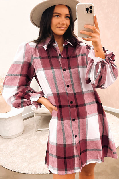 Brown Plaid Pattern Collared Neck Ruffled Sleeve Shirt Dress