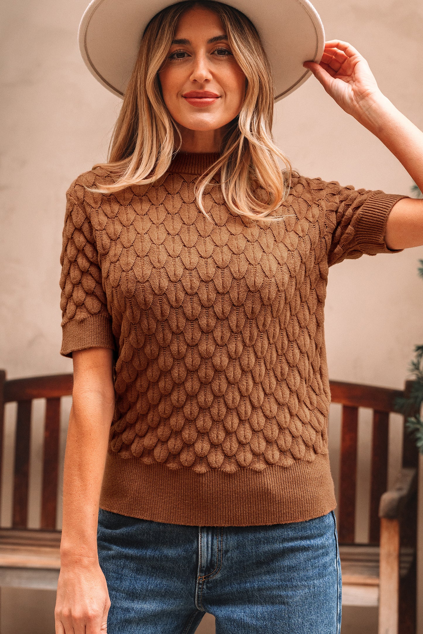 White Fish Scale Textured Knit Ribbed High Neck Short Sleeve Sweater