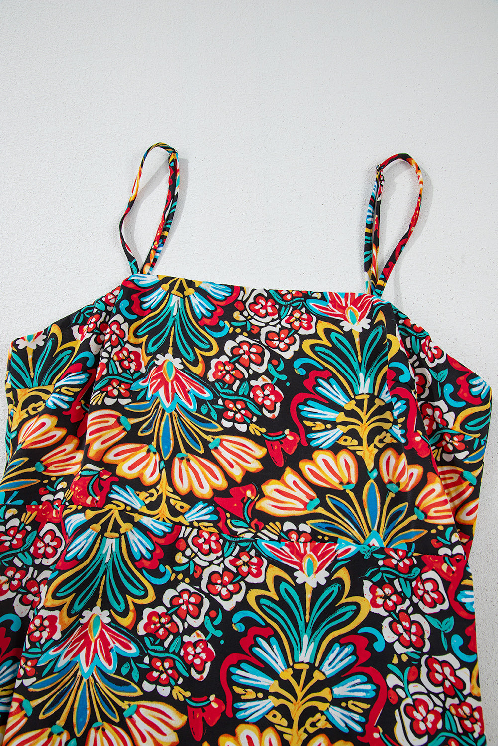 Robe longue noire à imprimé floral bohème, bretelles fines, sans manches, taille haute