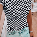 Black Checkered Ribbed Slim Fit Crew Neck T Shirt