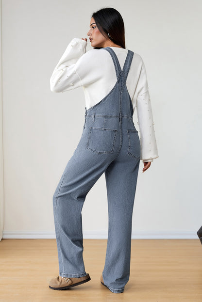 Light Blue Retro Bib Pocket Buckle Straps Casual Denim Jumpsuit