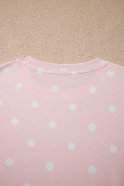 Pink Polka Dot Short Sleeve Loose Top Drawstring Shorts Set