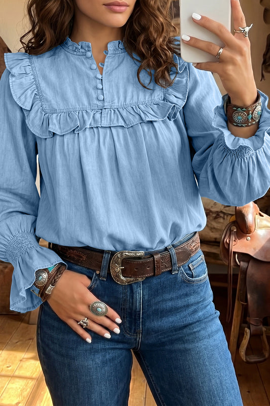 Beau Blue Western Ruffle V Neck Long Sleeve Chambray Blouse