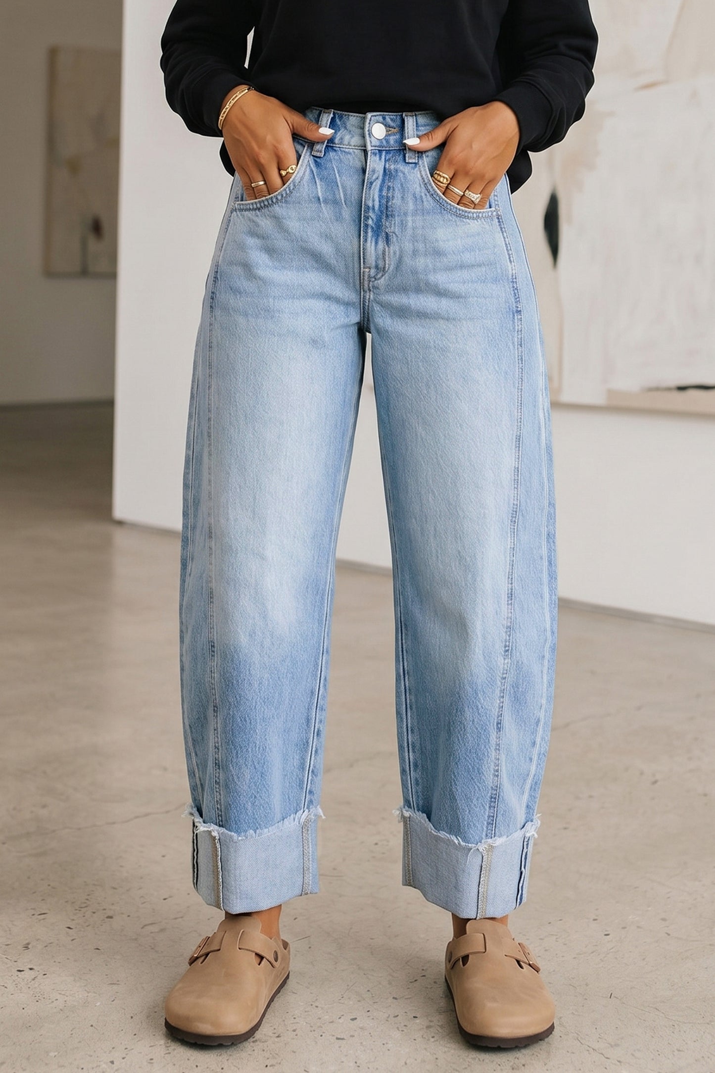 Myosotis Raw Hem Turnup Loose Ankle-length Jeans