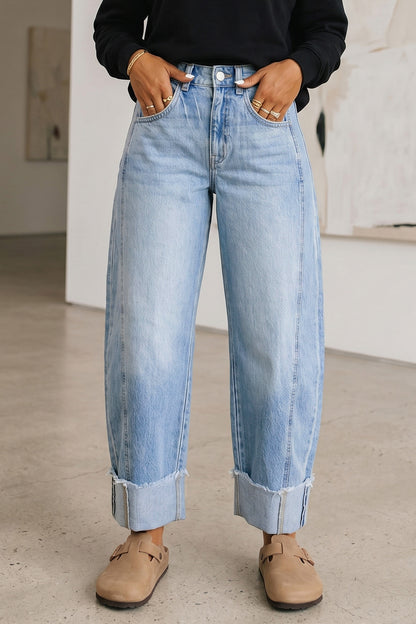 Myosotis Raw Hem Turnup Loose Ankle-length Jeans
