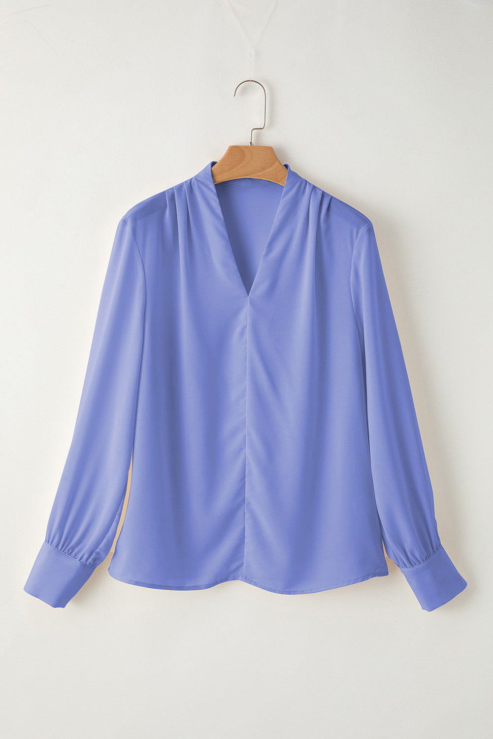 Sky Blue Solid Color V Neck Breezy Long Sleeve Blouse