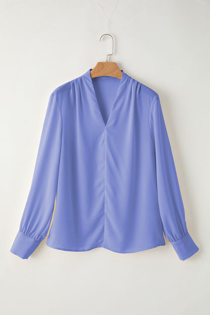 Sky Blue Solid Color V Neck Breezy Long Sleeve Blouse