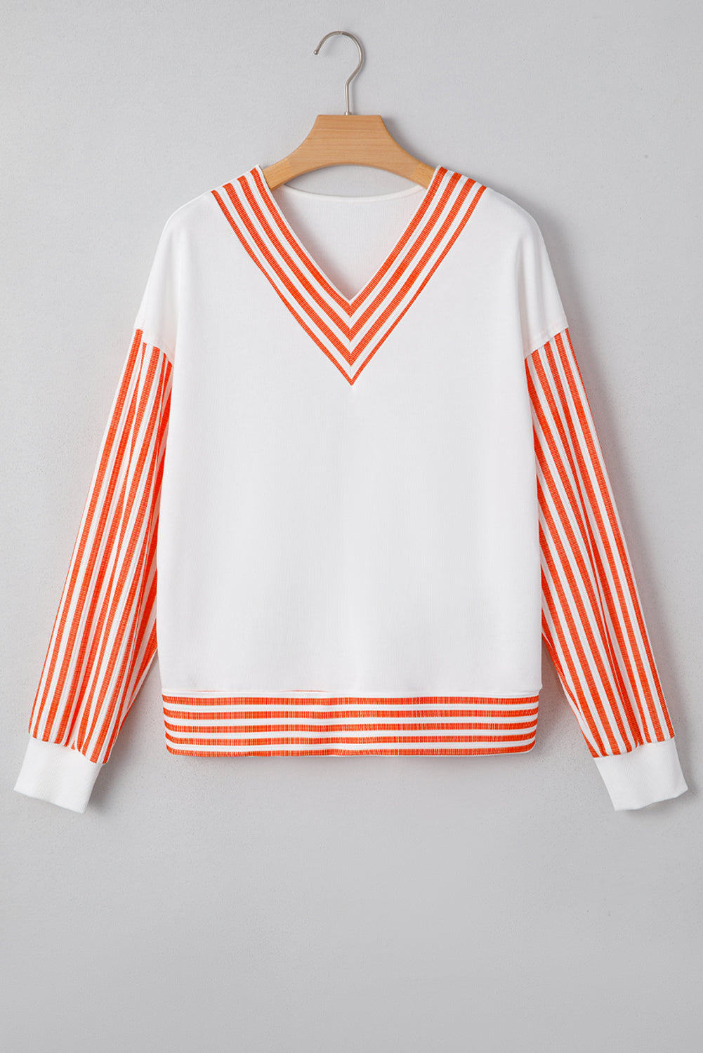 Orange Stripe  V Neck Drop Shoulder Patchwork Long Sleeve Top