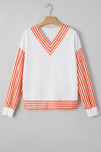 Orange Stripe  V Neck Drop Shoulder Patchwork Long Sleeve Top