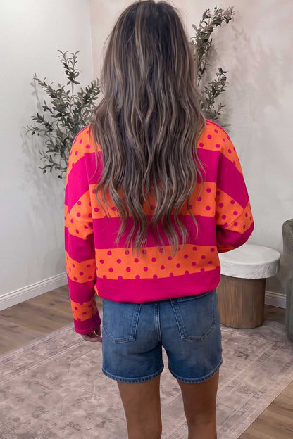 Pink Stripe Patchwork Polka Dot Accent Quarter Zip Long Sleeve Top